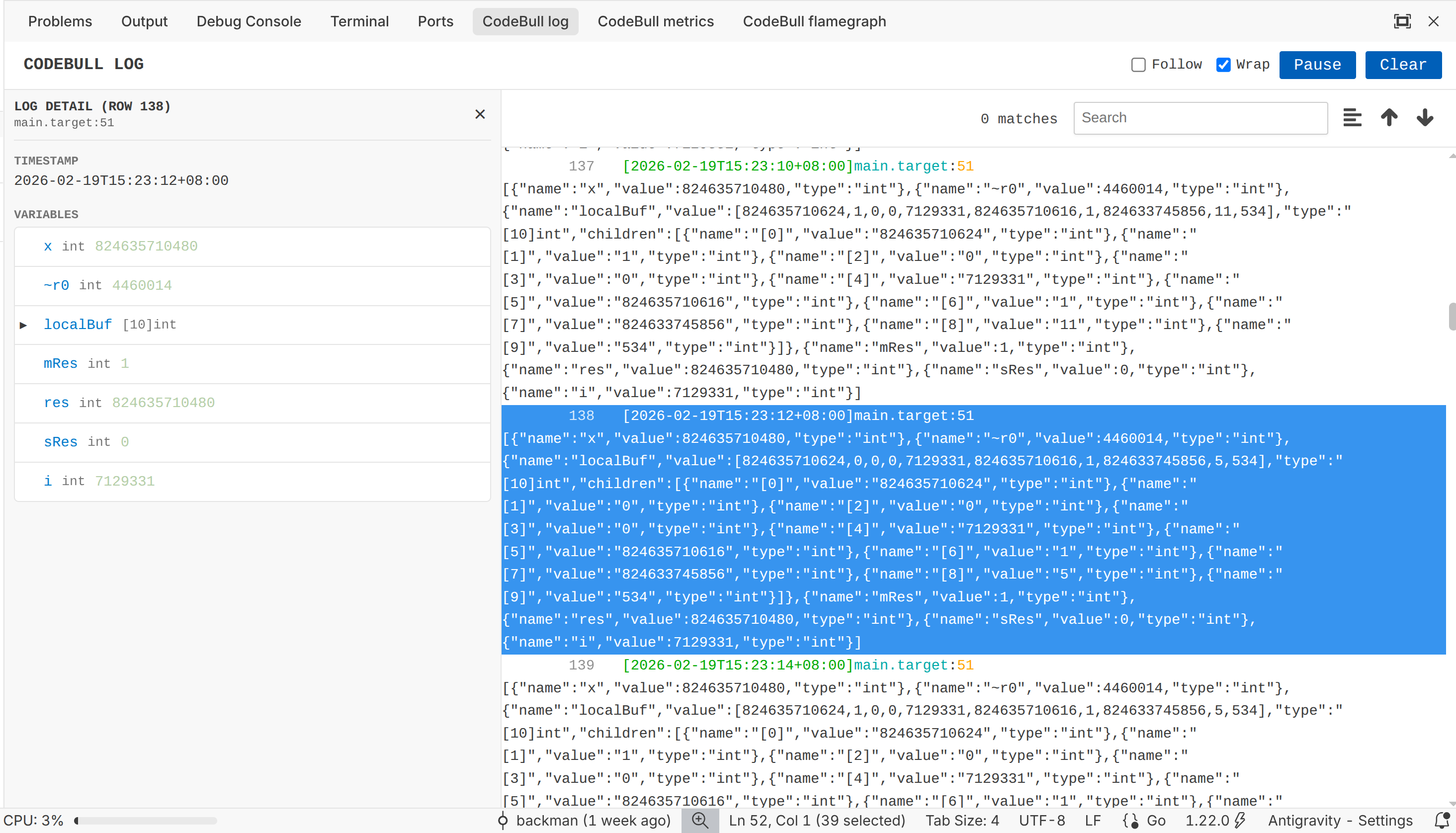 Screenshot: Log Panel